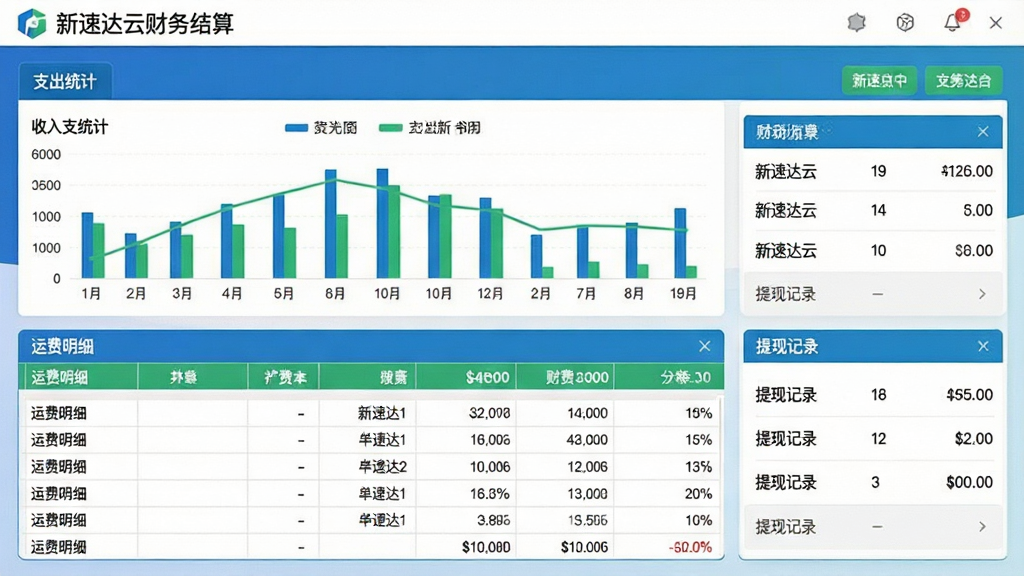 一张新速达云财务结算中心界面截图,画面显示收入支出统计图表、运费明细表格和提现记录列表,界面以蓝色和绿色为主,数据清晰,风格商务,文字标签“新速达云财务结算”,画质干净,无多余元素