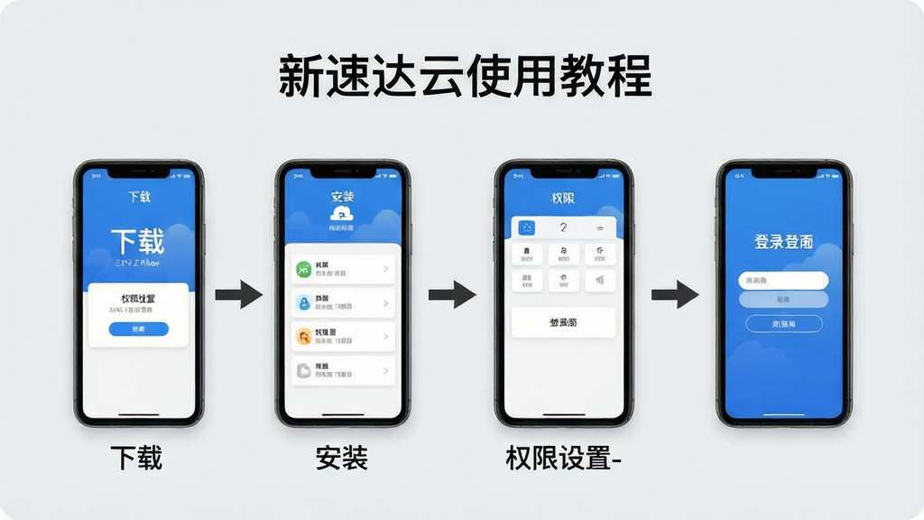 一张新速达云APP使用教程示意图,画面展示手机操作步骤,包括下载、安装、权限设置、登录界面,用箭头指示操作顺序,背景为简洁的浅灰色,文字标签“新速达云使用教程”,画质清晰,风格简约,无多余元素