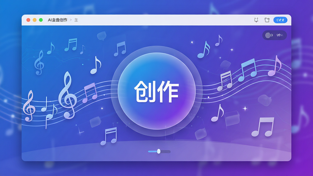 一幅展示AI金曲创作软件主界面的高清预览图,界面中央有一个大大的“创作”按钮,周围环绕着音符和旋律线条,背景是渐变蓝色与紫色,风格现代科技感,布局简洁,排版清晰,画质干净,无多余元素