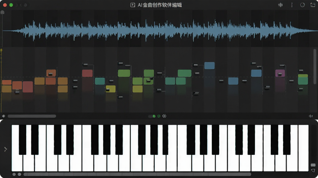展示AI金曲创作软件旋律编辑页面的预览图,页面底部有钢琴卷帘窗,顶部显示波形图,音符以彩色方块呈现,背景深灰色调,布局专业,排版整洁,画质清晰,无多余元素