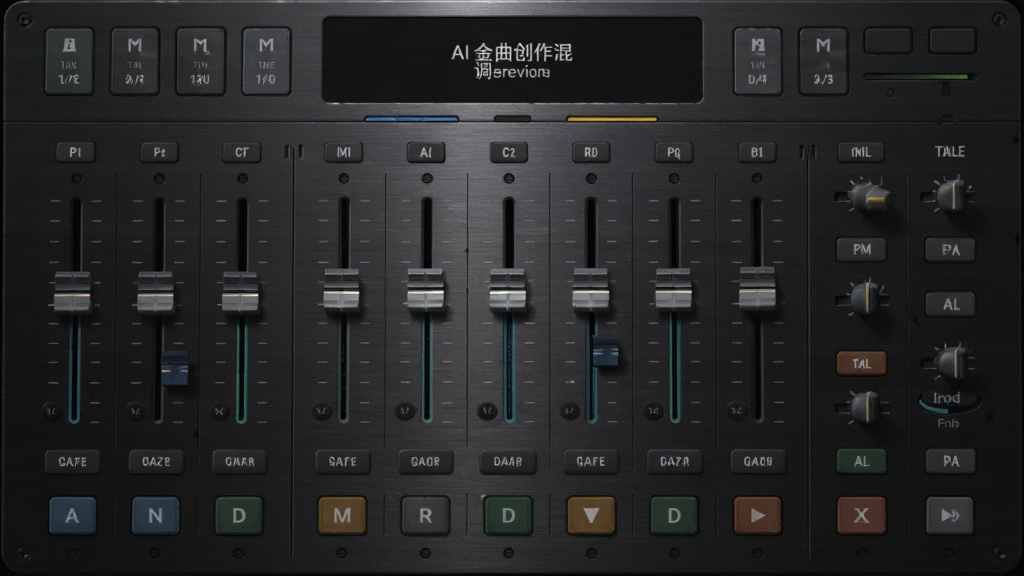 展示AI金曲创作混音调音台界面的预览图,界面有多个滑块和按钮,背景为深色金属质感,布局规整,排版专业,画质细腻,无多余元素