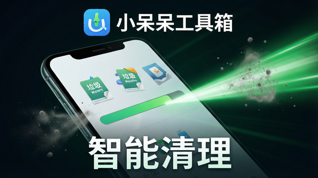 一张动态效果图,主体为手机清理加速的过程动画,手机屏幕中显示垃圾文件被清理的进度条,背景有扫过的绿色光芒。画面上方有“小呆呆工具箱”的标识,下方有“智能清理”字样。布局动态感强,风格科技感十足,细节包括灰尘颗粒被吸走的特效,画质清晰,干净无多余元素。