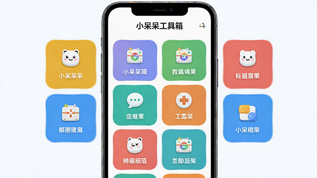 展示“小呆呆工具箱”主界面的截图风格图片,采用列表与网格混合布局,各个功能模块以圆角卡片形式呈现,色彩鲜明。画面主体为手机屏幕,屏幕中可见“小呆呆工具箱”字样,每个卡片上都有对应功能名称与简洁图标,排列整齐。风格清爽明亮,细节丰富,画质干净,无多余元素。