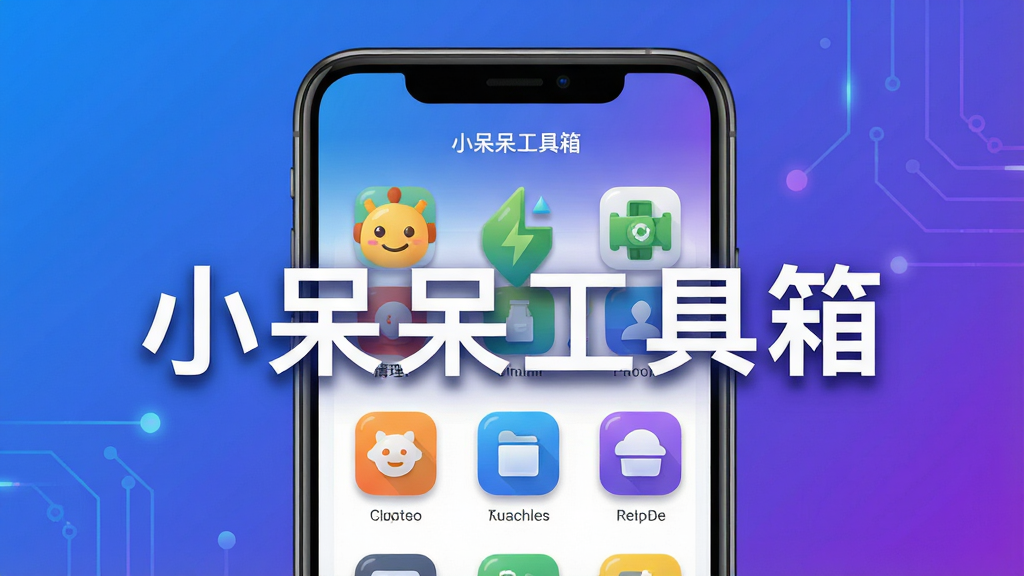 一幅现代扁平化风格的科技感宣传图,主体是智能手机屏幕中展示的“小呆呆工具箱”应用界面,界面内整齐排列着多个彩色图标,代表不同功能如清理、加速、文件管理等。背景为渐变的蓝色与紫色,中央悬浮着白色文字“小呆呆工具箱”,字体清晰醒目。布局采用中心对称,排版简洁大气,细节上每个图标带有微妙的阴影与光泽,画质高清,干净无多余元素。