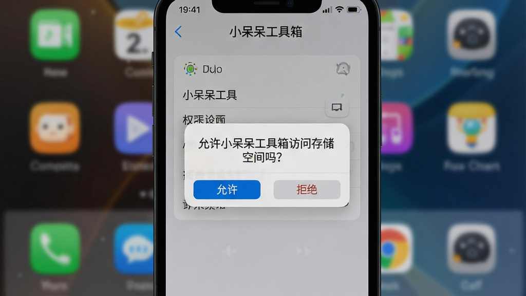 一张教学风格的图片,主体为手机屏幕显示“小呆呆工具箱”的权限设置界面,屏幕上弹出一个对话框,上面写着“允许小呆呆工具箱访问存储空间吗?”,有“允许”和“拒绝”两个按钮。背景为模糊的手机桌面,整体风格清晰,细节到位,画质干净,无多余元素。