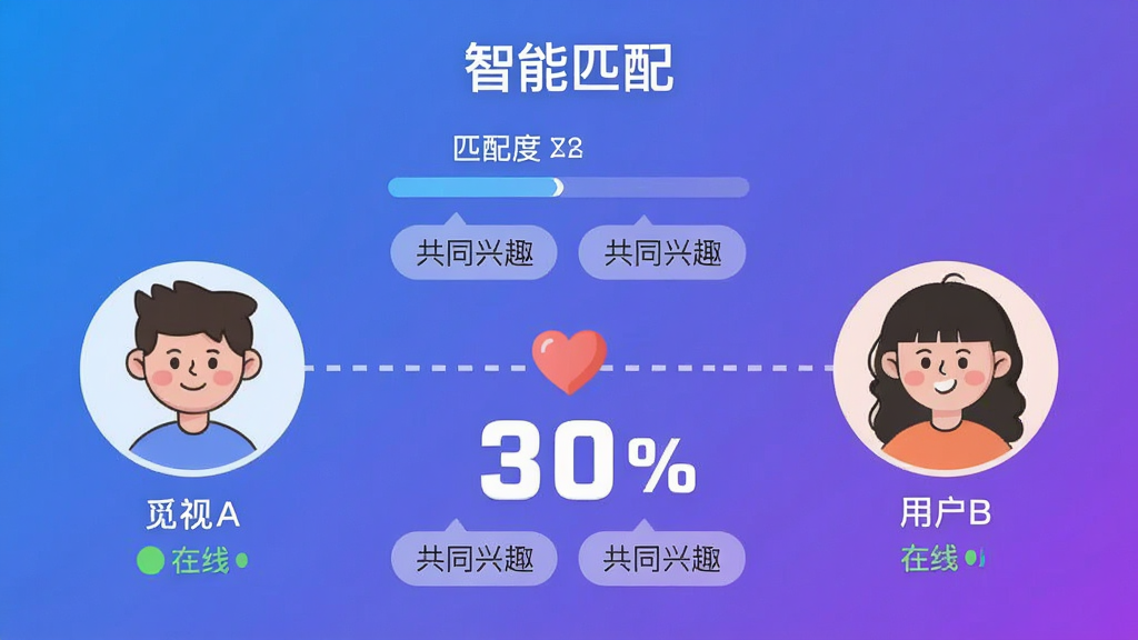 主体:觅遇公园APP的“智能匹配”功能界面,左侧是用户A的卡通头像,右侧是用户B的卡通头像,中间有连线和心形图标。布局:界面分为左右两栏,中间用虚线连接。排版:顶部标题“智能匹配”,下方展示匹配度百分比和共同兴趣标签。风格:扁平化设计,蓝色和紫色渐变背景。细节:头像下方显示昵称和在线状态,匹配度数字用大号粗体。画质:高清,干净,无多余元素。