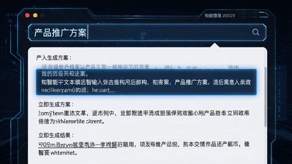 展示个知智能文本生成功能的界面,在输入框中输入“产品推广方案”,下方立即生成多段结构完整的方案文本,界面高亮显示生成结果,整体风格科技感十足,画质清晰,干净无多余元素。