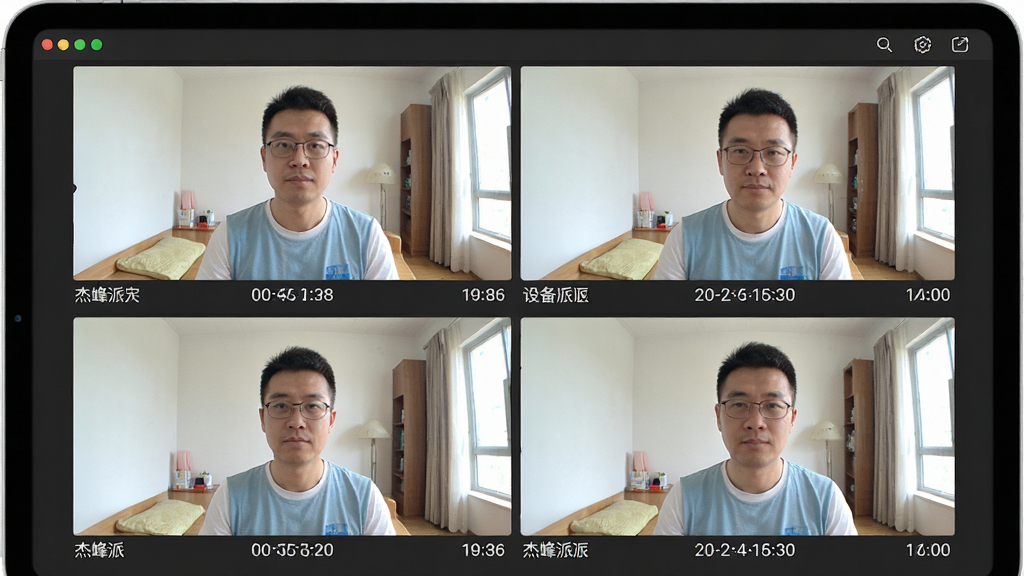 杰峰派APP在平板电脑上的分屏预览界面,四路摄像头画面以2x2网格均匀排布,每路画面下方显示设备名称与时间戳,界面背景为深灰色,画面光线明亮,色彩真实,线条流畅,扁平化UI设计,图标简洁,画质细腻,干净,无多余元素