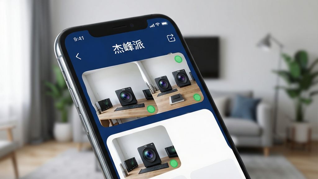 一张智能手机屏幕特写,屏幕正面展示杰峰派APP的主界面,背景为模糊的现代客厅环境,界面清晰显示多个摄像头预览窗口和绿色在线状态图标,布局简洁明了,扁平化设计风格,色彩以深蓝与白色为主,画面干净通透,细节丰富,手机边缘有柔光反射,氛围科技感,画质高清,干净,无多余元素