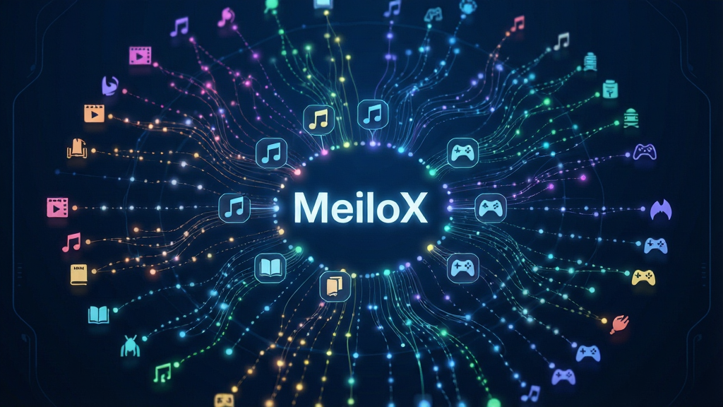 主体:一个发光的、由无数数据点和线条构成的用户兴趣网络图谱,中心位置有一个清晰的“MeiloX”标志。布局:图谱占据画面主体,呈放射状向四周延伸,不同颜色的光点代表不同的兴趣领域,背景为深色科技蓝。排版:“MeiloX”标志位于图谱正中心,周围环绕着各种图标(如音乐、电影、书籍、游戏等)和连接线。风格:科技感十足的HUD界面风格,线条流畅,光效炫丽但不刺眼。细节:数据点有节奏地闪烁,连接线像有生命般流动,体现出智能匹配的动态过程。画质:高清晰度,光影效果逼真,画面干净无多余元素。