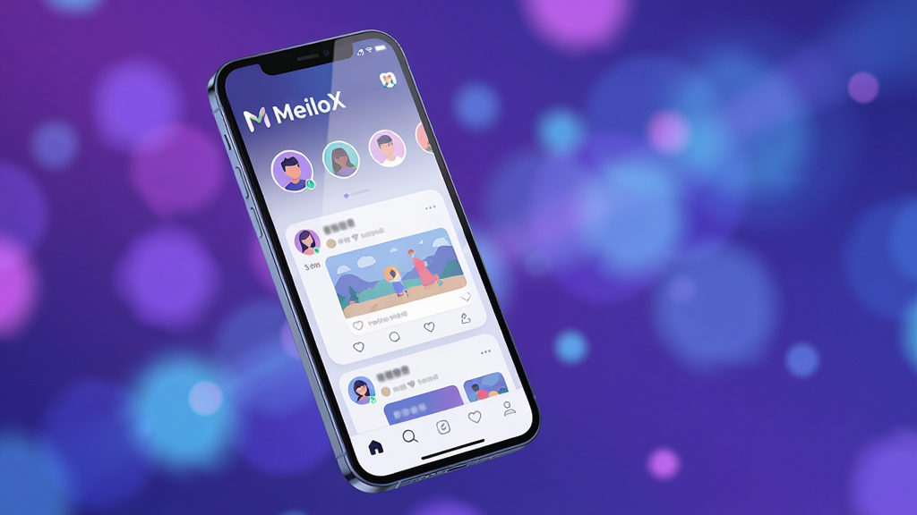 主体:一部亮着屏幕的智能手机,屏幕中展示着名为“MeiloX”的社交应用主界面,界面风格现代简约,包含用户头像、动态卡片和底部导航栏。布局:手机位于画面中央偏左,呈略微倾斜角度,背景为模糊处理的渐变紫色与蓝色动态光斑,营造科技感氛围。排版:手机屏幕内的内容清晰可辨,显示“MeiloX”字样、几个风格统一的圆形用户头像和瀑布流式的动态卡片。风格:扁平化插画风格结合轻微的3D质感,色彩明快,光效柔和。细节:画面中的手机屏幕反射出淡淡的环境光,背景光斑大小不一、错落有致,整体画面干净通透,突出“MeiloX”的品牌名称。画质:8k分辨率,超高清画质,细节丰富,干净无多余元素。