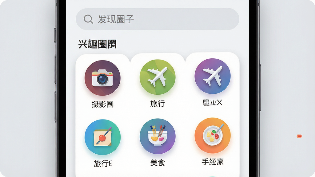 主体:手机屏幕特写,展示“MeiloX”应用中的兴趣圈子列表页面,包含摄影圈、旅行圈、美食圈等多个圆形图标。布局:屏幕居中展示,四周带有柔和的卡片阴影,背景是淡雅的浅灰色,突出屏幕内容。排版:屏幕上方的搜索栏写着“发现圈子”,下方以网格形式排列着色彩各异的圈子图标和名称。风格:清新简洁的UI设计风格,圆角卡片设计,色彩活泼明快。细节:每个圈子图标都设计得独具匠心,例如摄影圈是相机图标,旅行圈是飞机图标。画质:超清画质,色彩准确,界面元素边缘平滑,干净无多余元素。
