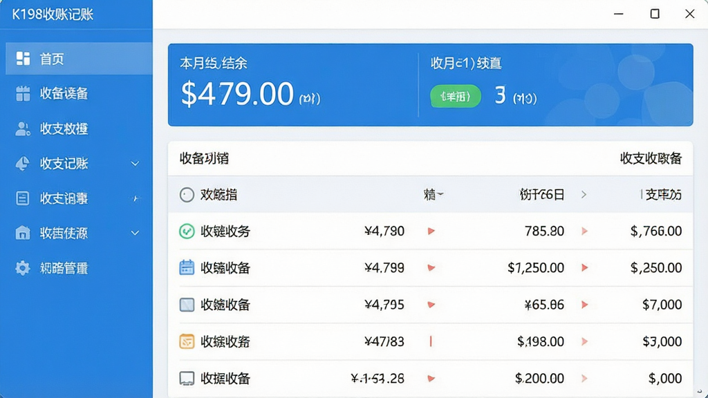 一张展示K198收支记账软件主界面的高清截图,界面布局简洁,左侧为功能导航栏,右侧为收支明细列表,顶部显示本月结余数据看板,整体风格清爽明亮,以蓝色和白色为主色调,图标精致,文字清晰,画质干净,无多余元素