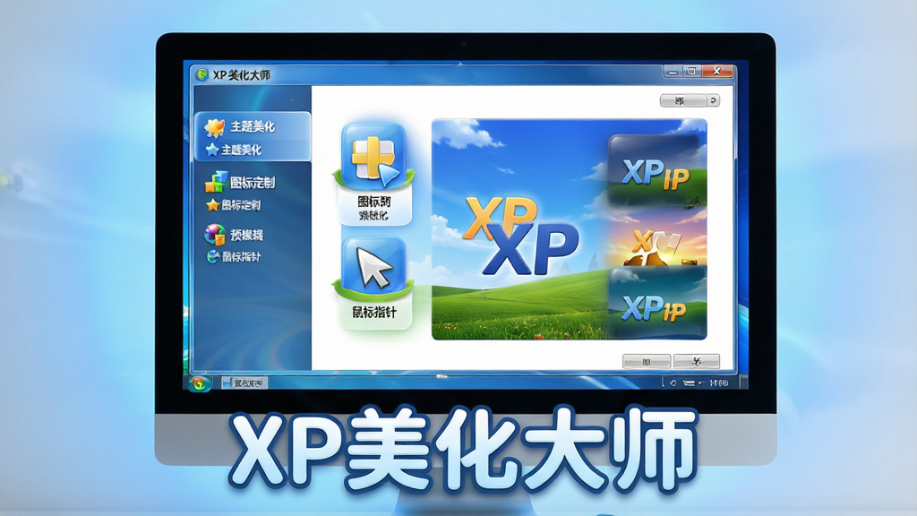 主体:一台运行着XP系统的电脑屏幕特写,屏幕上展示着XP美化大师软件主界面,界面风格清新亮丽,布局为左右结构,左侧是功能导航栏,右侧是主题预览大图。布局:电脑屏幕居中,周围有柔和的蓝色渐变光晕,屏幕下方有软件名称“XP美化大师”字样,字体为圆润的艺术字。排版:画面简洁干净,突出屏幕内容,屏幕占比约70%。风格:现代扁平化结合拟物质感,色彩明亮,对比度适中。细节:屏幕内界面清晰可见“主题美化”、“图标定制”、“鼠标指针”等模块图标,每个图标下方有小字标注。画质:高清渲染,细腻无噪点,干净无多余元素。