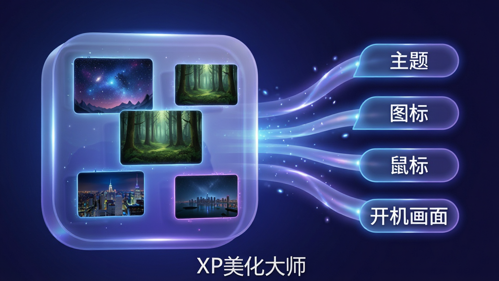 主体:一个大型3D资源库图标,图标呈半透明状,内部浮动着多个小巧的桌面主题缩略图,每个缩略图风格各异,有星空、森林、城市夜景等。布局:图标位于画面中央偏左,右侧延伸出一条光带,光带上排列着“主题”、“图标”、“鼠标”、“开机画面”四个分类标签。排版:整体呈水平对称,图标高度约占画面的60%。风格:科技感与梦幻结合,使用蓝紫色调,光影效果明显。细节:缩略图边缘有微光,标签文字清晰可读,画面底部有“XP美化大师”水印字样。画质:超清细腻,色彩饱满,无多余元素。