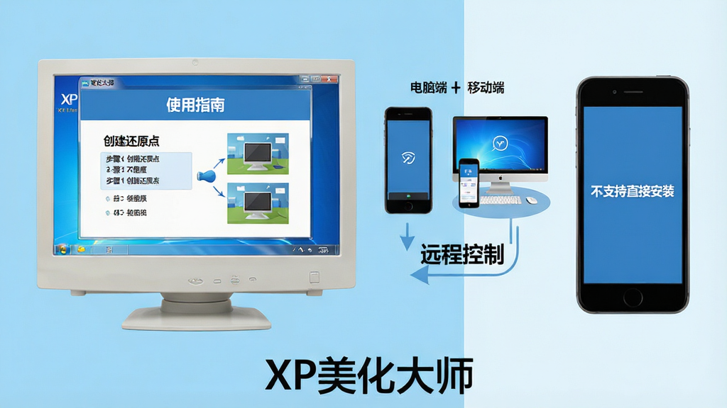 主体:一台运行着XP系统的电脑屏幕,屏幕内展示着XP美化大师的“使用指南”页面,页面有步骤列表和图示,旁边有手机和电脑的对比图,分别标注“电脑端”和“移动端”。布局:画面分为左右两半,左侧为电脑屏幕,右侧为手机屏幕,中间有箭头连接。排版:左右对称,底部有“XP美化大师”字样。风格:清新简洁,使用浅蓝色背景,扁平化设计。细节:电脑屏幕上显示“步骤1 创建还原点”,手机屏幕上显示“不支持直接安装”,箭头下方有“远程控制”字样。画质:高清,干净,无多余元素。