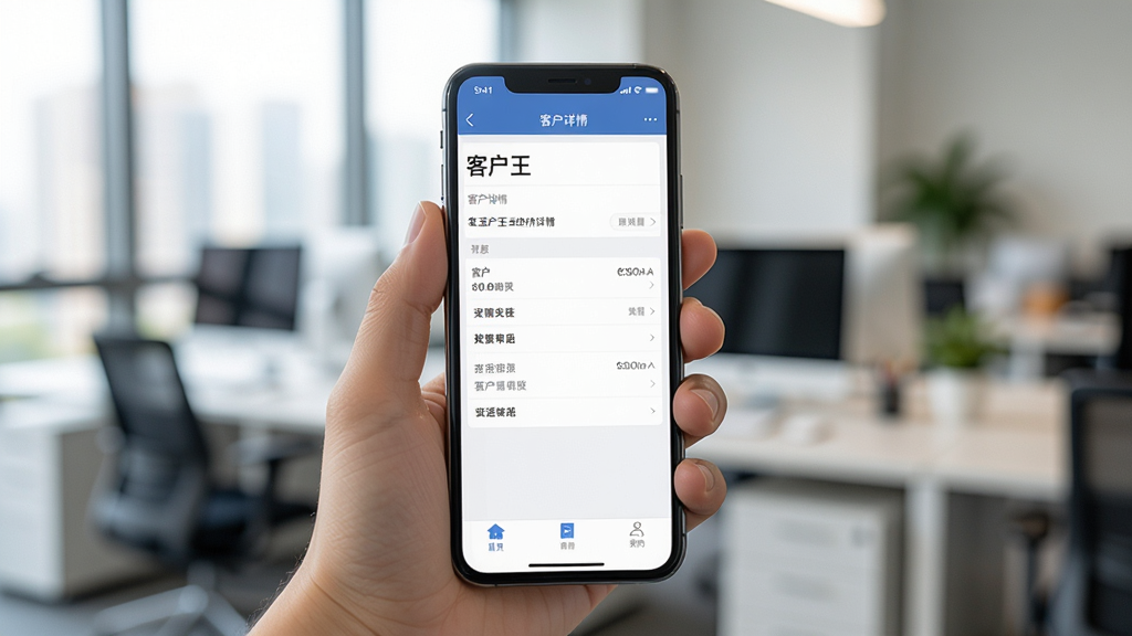 һ��չʾ�ͻ����ֻ�APP�˲��������ͼƬ��������һֻ�������ֻ�����Ļ����ʾ�ͻ���APP�Ŀͻ�����ҳ�����ּ�࣬��Ϣ����������Ϊ�黯�İ칫�����������Ȼдʵ�����ʸ��壬��Ƭ���ֻ���Ļ���С��ͻ������������ɾ��޶���Ԫ��