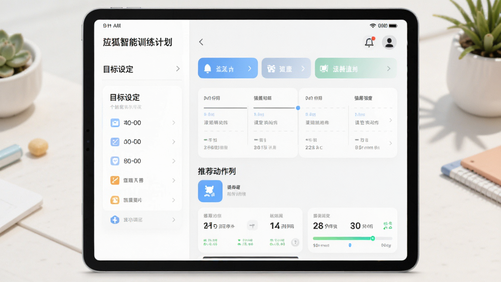 应狐智能训练计划生成界面,一台平板电脑展示个性化课程表,上方有目标设定选项,下方为推荐动作序列,布局为左右分栏,风格清新明亮,主体为界面UI设计图,细节包含时间轴与强度指示条,画质细腻干净无多余元素