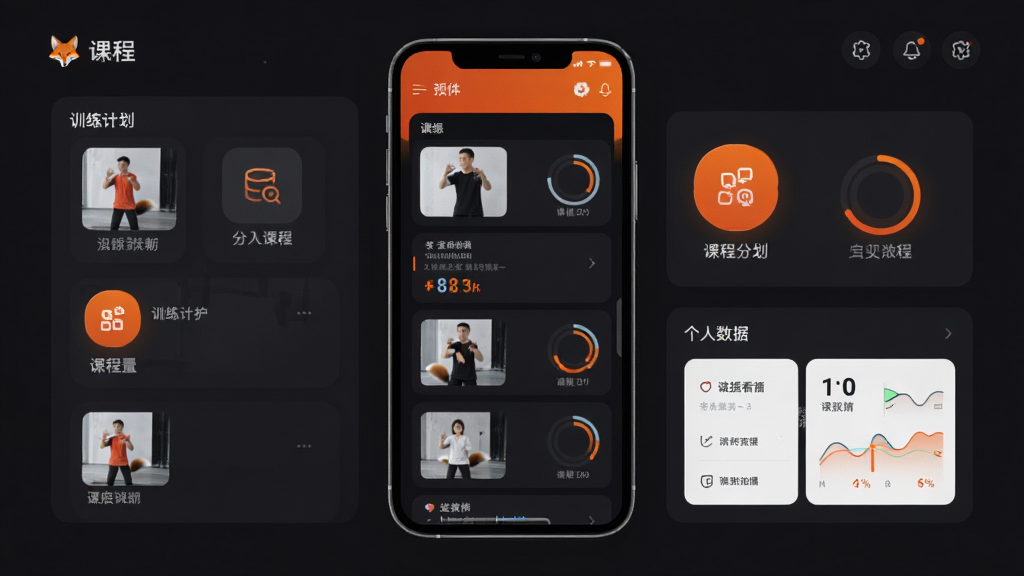 应狐软件主界面预览图,展示训练计划列表、课程分类图标以及个人数据看板,整体布局采用卡片式设计,背景为深色系搭配活力橙色高亮,主体为智能手机屏幕居中展示,排版清晰,风格现代简洁,细节包含动作示范缩略图与进度环,画质高清干净,无多余元素