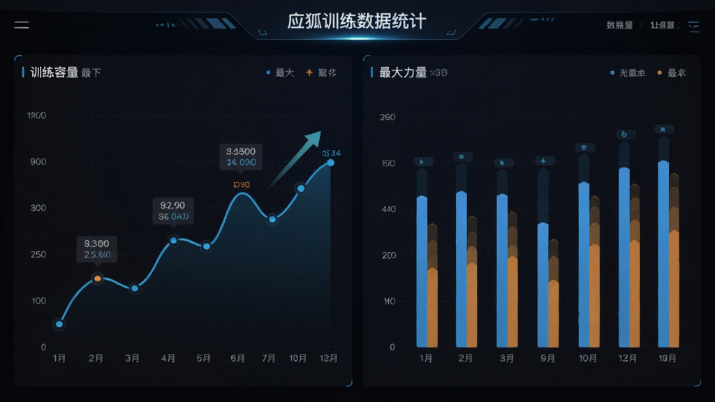 应狐训练数据统计图表页面,展示折线图与柱状图,包含训练容量、最大力量等维度,主体为深色背景数据看板,布局为仪表盘风格,风格科技感强,细节包含数据标签与趋势箭头,画质清晰干净,无多余元素