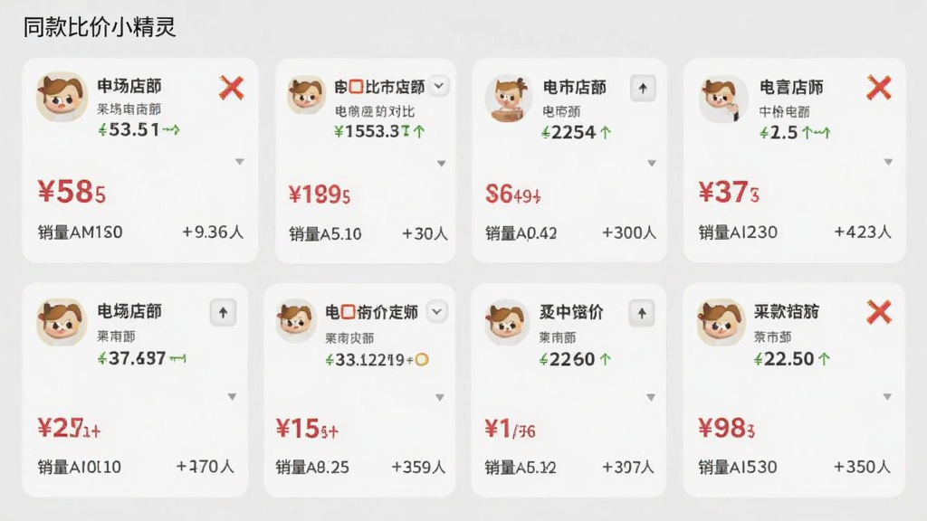同款比价小精灵多平台比价结果页,展示多个电商平台的价格对比卡片,每个卡片包含店铺名称、价格、销量信息,背景为浅灰色,排版整齐,画质清晰,干净无多余元素