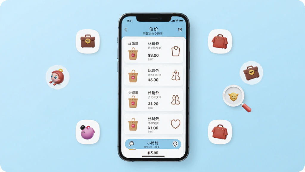同款比价小精灵在手机上的使用场景图,手机屏幕显示比价结果列表,周围有商品小图标,背景为浅蓝色,风格清新,画质清晰,干净无多余元素