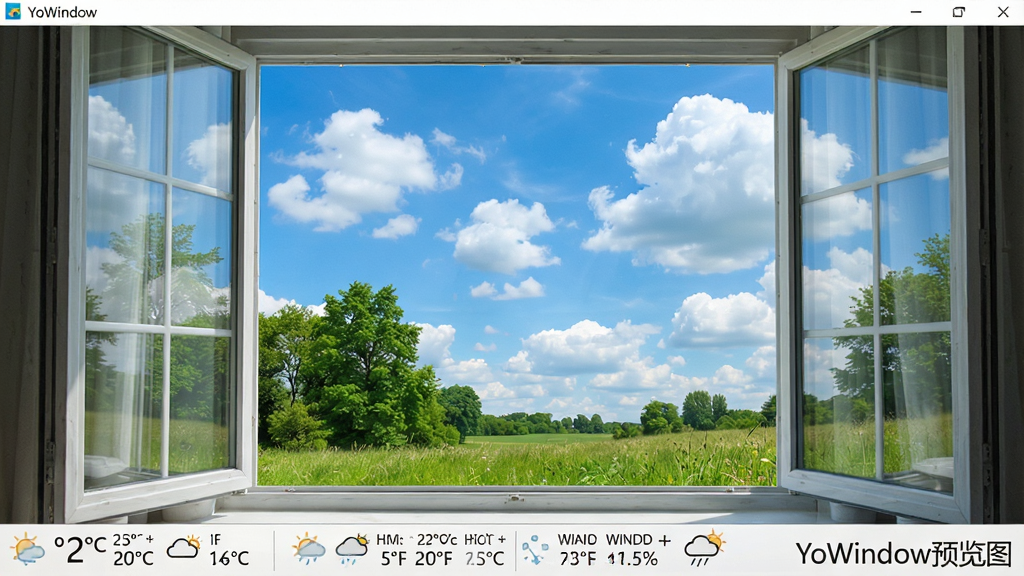 一张展示YoWindow主界面的高清截图,主体是软件运行的动态风景画面,窗内是蓝天白云的晴天场景,窗外有绿树和草地,界面底部显示温度、湿度、风力等气象数据,布局清晰,排版简洁,风格明亮自然,细节丰富,画质高清,干净无多余元素,文字标注
