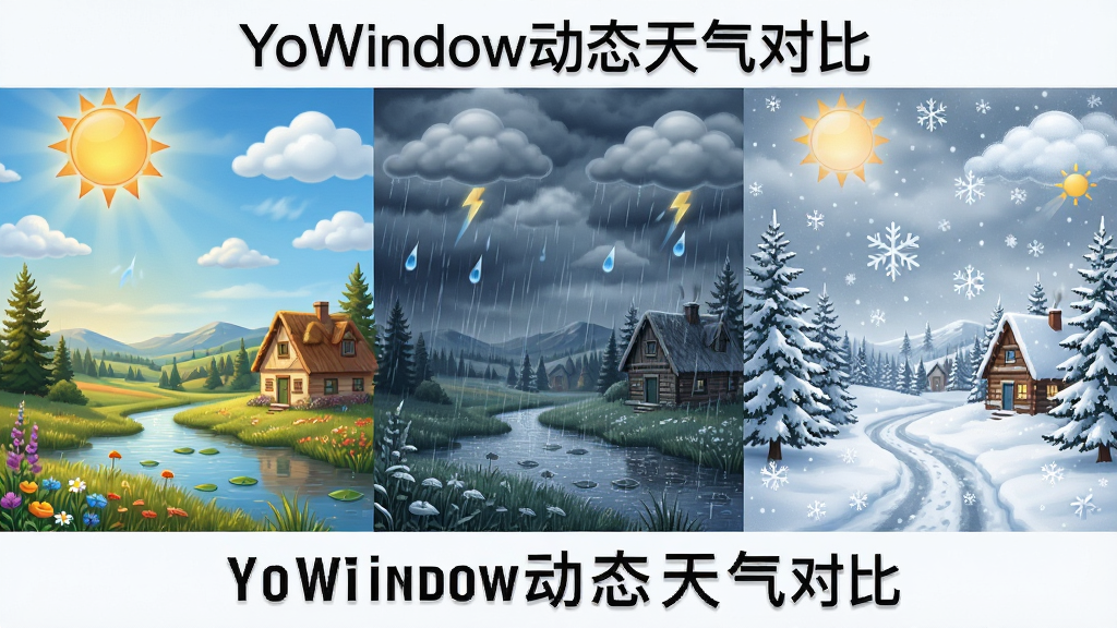 一张展示YoWindow动态天气效果的图片,主体是同一个场景在晴天、雨天、雪天三种不同天气下的对比画面,布局采用三联图排版,风格写实唯美,细节丰富,画质清晰,干净无多余元素,文字标注