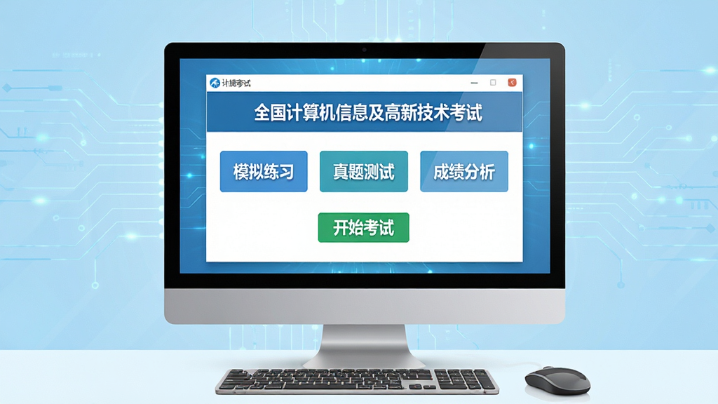 主体:电脑屏幕显示“全国计算机信息及高新技术考试”软件主界面,界面包含“模拟练习”、“真题测试”、“成绩分析”等按钮。布局:居中构图,界面清晰,背景为淡蓝色科技感。排版:软件界面各功能模块分布合理,文字标签醒目。风格:扁平化设计,现代简洁。细节:屏幕上有“开始考试”字样,周围有键盘鼠标等元素。画质:高清,干净,无多余元素。