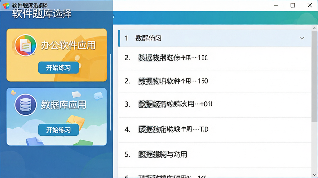 主体:软件题库选择界面,左侧列出“办公软件应用”、“数据库应用”等模块,右侧显示题目列表。布局:左右分栏结构,清晰明了。排版:模块名称以彩色图标展示,题目列表带编号。风格:教育类软件风格,色彩明快。细节:每个模块图标下有“开始练习”按钮。画质:高清,干净,无多余元素。