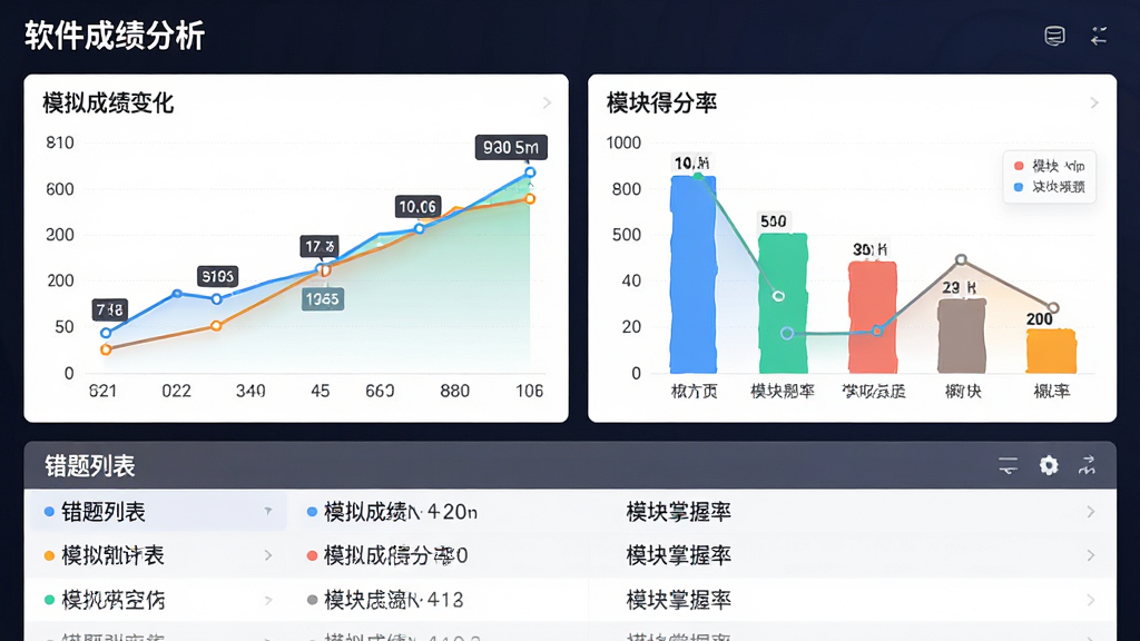 主体:软件的成绩分析页面,显示折线图、各模块得分率条形图,以及错题列表。布局:图表居中,错题列表在下方。排版:图表色彩鲜艳,数据标签清晰。风格:数据可视化风格,现代感强。细节:折线图标注“模拟成绩变化”,条形图标注“模块掌握率”。画质:高清,无多余元素。