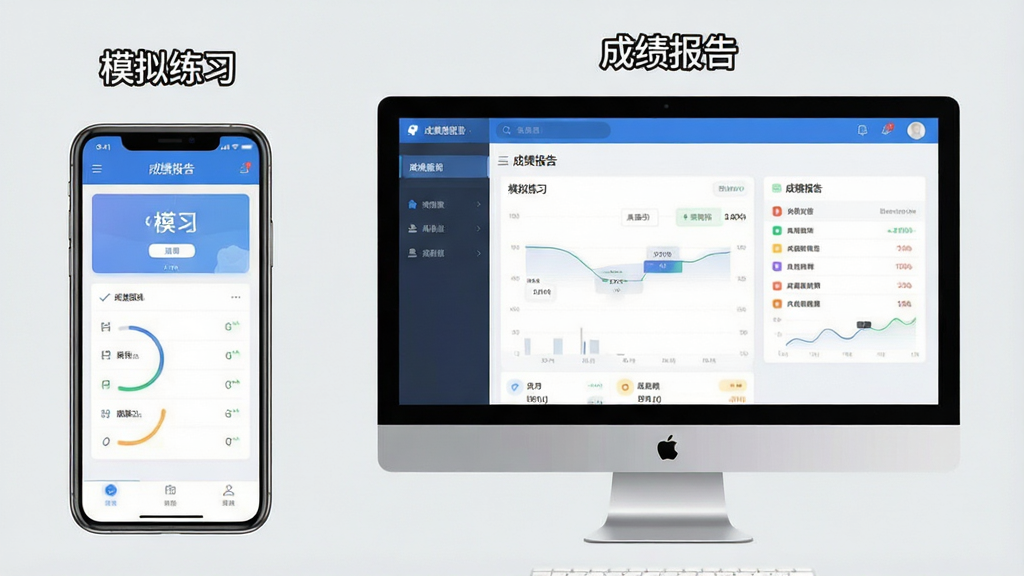 主体:手机和电脑同时显示该软件运行界面,手机竖屏,电脑横屏。布局:手机在左,电脑在右,背景为浅灰色。排版:界面内容清晰可见。风格:对比展示,突出多平台适配。细节:设备上标注“模拟练习”和“成绩报告”字样。画质:高清,干净,无多余元素。