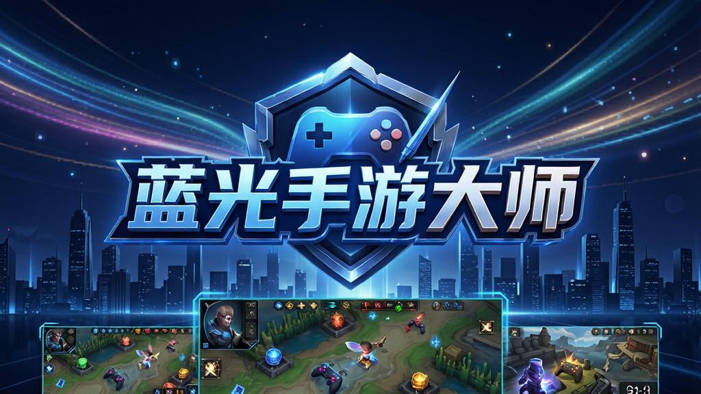 一张现代感十足的3D渲染主视觉图,画面中央是“蓝光手游大师”的炫酷LOGO,背景是流光溢彩的科技光效与城市夜景剪影,画面下方展示着运行中的热门手游画面,布局大气,风格未来科技,细节丰富,画质高清,干净无多余元素。