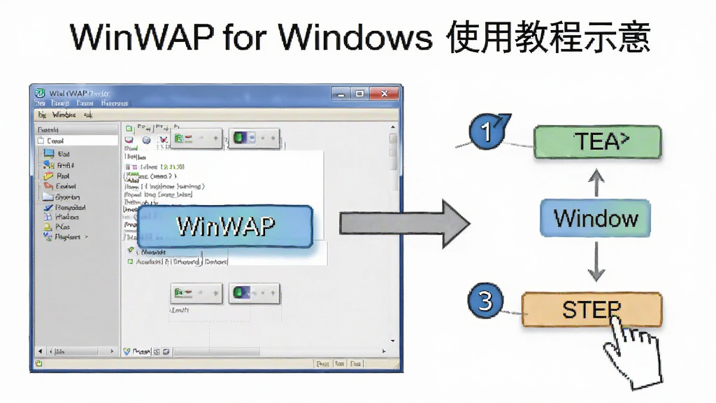 WinWAP for Windows使用教程示意图,主体为软件界面与操作步骤指示箭头,布局清晰,排版有序,风格简洁教学风,细节包含步骤编号标注与高亮按钮,画质清晰,干净,无多余元素。