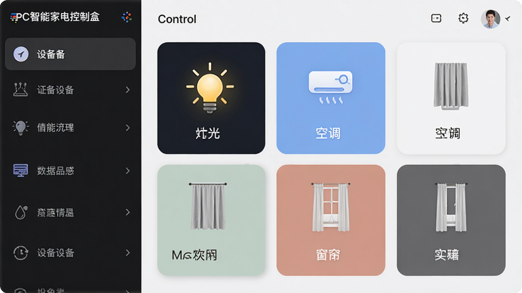 PC智能家电控制盒软件界面,左侧设备列表,右侧控制面板,显示灯光、空调、窗帘等设备卡片,整体风格现代,排版整齐,画质清晰,干净无多余元素
