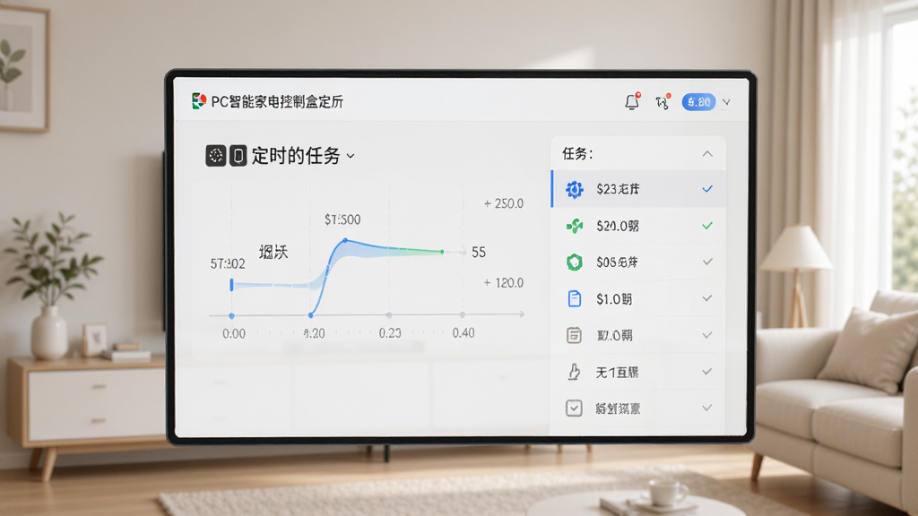 PC智能家电控制盒定时任务设置页面,显示时间轴和任务列表,界面简洁,背景为浅色家居,排版清晰,风格现代,细节到位,画质高清,画面干净