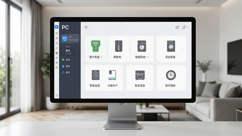 高清智能家居控制中心界面,电脑屏幕显示PC智能家电控制盒主界面,背景为现代客厅,界面包含多个家电图标,布局清晰,排版简洁,风格写实,细节丰富,画质超清,干净无杂物