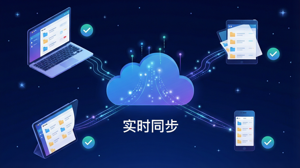 主体:云诺软件在多设备间同步文件的场景,画面中央是云朵图标,周围连接着笔记本电脑、平板和手机。布局:云朵位于画面中心,四个设备分别位于云朵的上下左右,通过发光的线条与云朵连接,形成辐射状构图。排版:云朵下方有“实时同步”字样,每个设备旁边有对勾图标表示同步完成,整体布局均衡。风格:科技感插画风格,使用蓝紫色渐变,线条流畅。细节:设备屏幕上显示文件列表,云朵带有数据流动的光点,背景为深蓝色星空。画质:高清,干净,无多余元素。