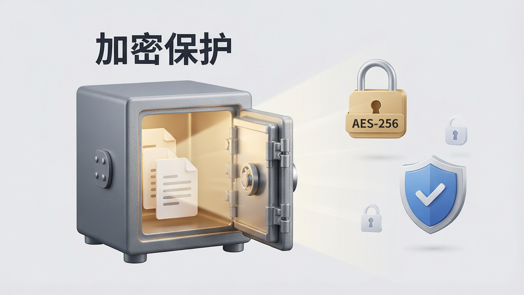 主体:云诺软件的安全加密功能展示,画面中央是一个打开的保险箱,保险箱内发出柔和的光芒。布局:保险箱位于画面中心偏左,右侧悬浮着锁形图标和盾牌图标,背景为浅灰色。排版:保险箱上方有“加密保护”字样,锁形图标上有“AES-256”标签,布局清晰。风格:写实与扁平结合,保险箱质感细腻,背景简洁。细节:保险箱内隐约可见文件图标,盾牌上有对勾,光线从保险箱向外扩散。画质:高清,干净,无多余元素。