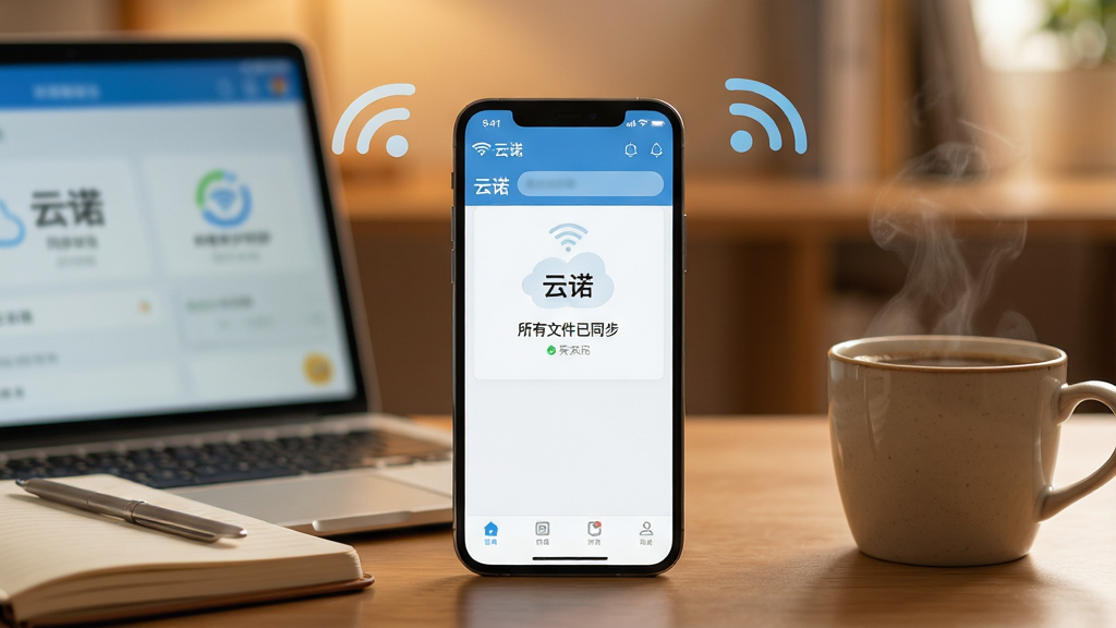 主体:一部智能手机显示云诺移动端界面,旁边放着一杯咖啡和笔记本,周围有无线网络图标。布局:手机位于画面中央,屏幕亮起显示云诺主界面,笔记本在左侧,咖啡杯在右侧,背景为暖色调书房。排版:手机屏幕清晰显示“云诺”和同步状态,顶部有Wi-Fi图标,整体构图自然。风格:生活化场景摄影风格,光线柔和,色彩温暖。细节:手机界面显示“所有文件已同步”,笔记本屏幕模糊处理,咖啡杯冒着热气。画质:高清,干净,无多余元素。