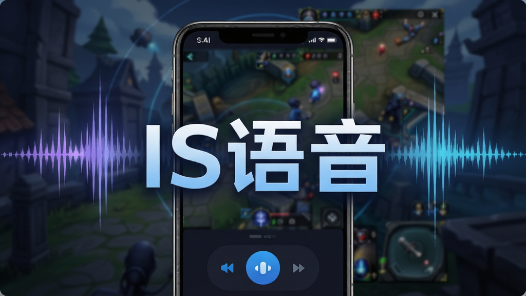 IS语音主视觉图,展示一款现代、科技感十足的语音通信软件界面,主标题突出“IS语音”字样,背景为动态的游戏场景与声波纹融合的抽象画面,整体布局居中,风格简洁大气,细节丰富,画质清晰干净,无多余元素