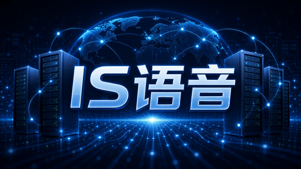 IS语音服务器机房的抽象概念图,画面由多台发光服务器与全球网络连接线组成,线条流动感强,背景为深蓝色科技光晕,主体突出“IS语音”的品牌字,风格科技感十足,构图大气,画质高清,无多余元素