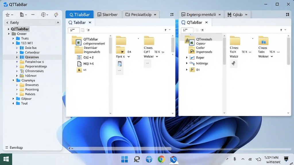 主体为QTTabBar软件在Windows 11系统上的运行界面预览图,布局为电脑全屏截图,左侧显示文件夹树形目录,右侧主区域展示多个标签页,每个标签页显示不同的文件夹内容,排版整齐,风格为现代简约Windows风格,细节处体现标签页切换的蓝色高亮效果,画质清晰,干净,无多余元素