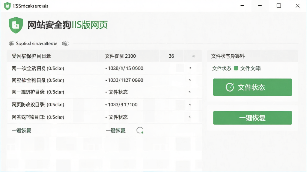 ��վ��ȫ��IIS����ҳ���۸����ý��棬չʾ�ܱ���Ŀ¼�б����ļ�״̬��һ���ָ���ť����ƽ����ƣ���ɫ��ȫͼ�꣬�������࣬�������������ʸ���