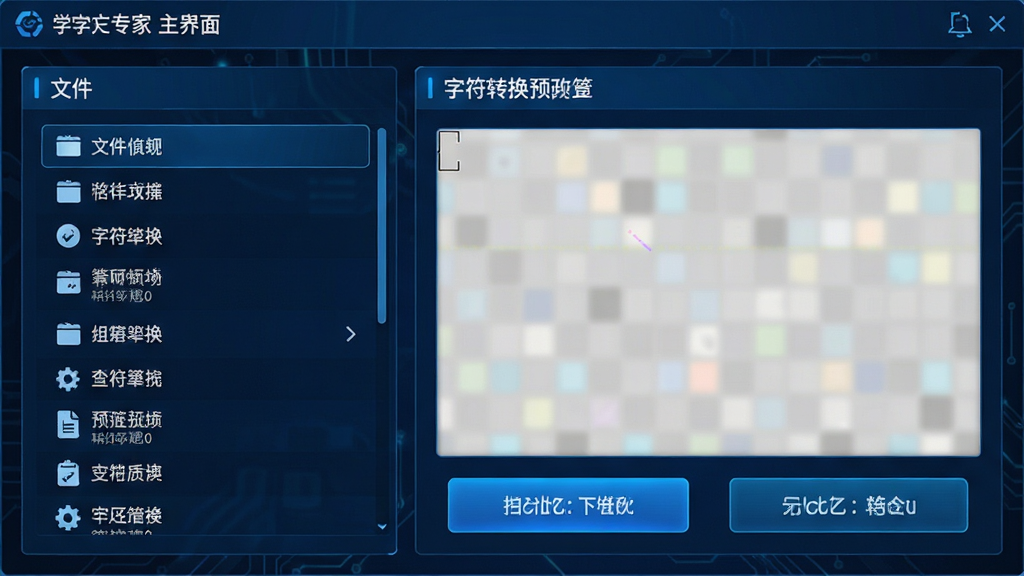 字符专家主界面展示,左侧为文件列表,右侧为字符转换预览区,整体采用深蓝色科技感风格,界面布局清晰,按钮标识醒目,画质细腻,干净无多余元素