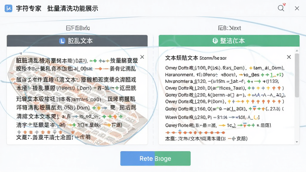 字符专家批量清洗功能展示,界面展示文本清洗前后对比,脏乱文本与整洁文本并排显示,操作按钮直观,风格简洁明了,画质清晰
