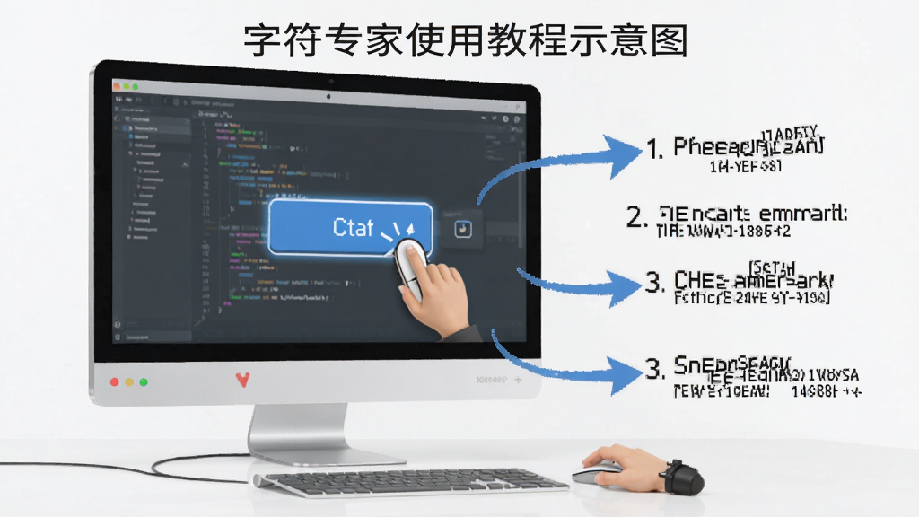 字符专家使用教程示意图,展示电脑端操作界面,鼠标点击按钮动作,步骤标注清晰,背景简洁,画质干净