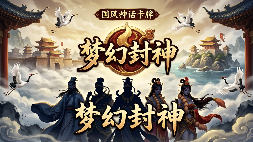 主体:游戏主界面展示,以《梦幻封神》游戏LOGO为中心,背景为封神榜的宏大场景,云雾缭绕中隐约可见朝歌城与金鳌岛。布局:中央是游戏LOGO,下方是几位主要角色(姜子牙、杨戬、妲己)的立绘剪影,整体呈对称式构图。排版:画面简洁大气,LOGO上方有“国风神话卡牌”字样,下方有“梦幻封神”四个大字,字体为古风书法体。风格:中国风,水墨与工笔结合,色彩以金色、红色、深蓝为主,光影层次分明。细节:角色衣袂飘飘,眼神传神,背景有仙鹤、祥云、飞檐等元素。画质:4K超高清,画面干净,无多余元素。