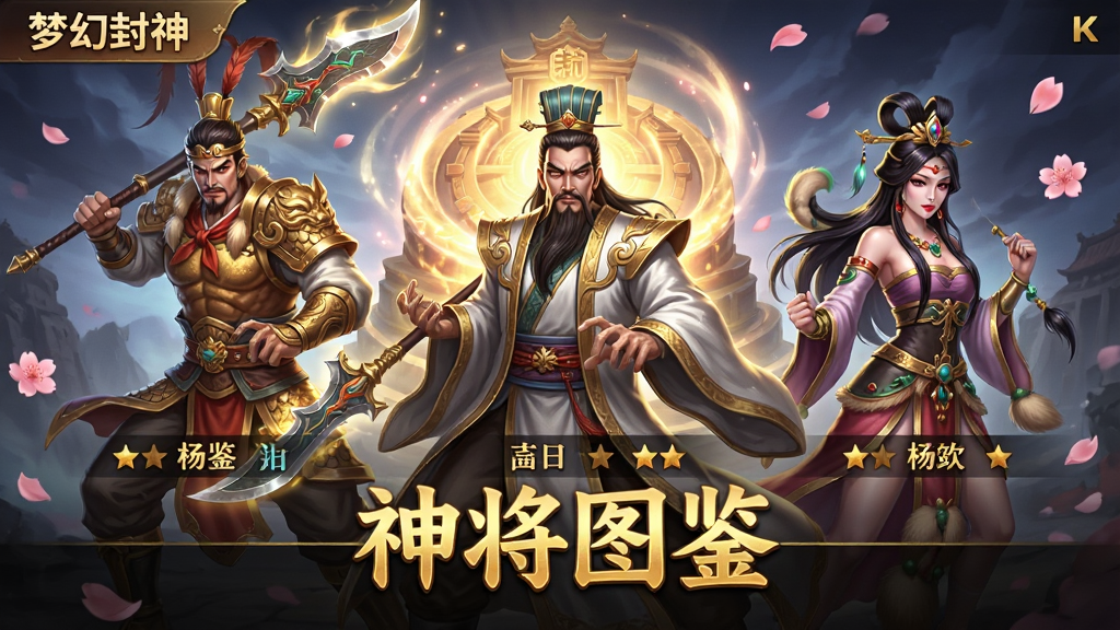 主体:展示《梦幻封神》游戏中的神将收集界面,以姜子牙、杨戬、妲己三位核心角色为主视觉,身着华丽战袍,摆出战斗姿态。布局:三位角色呈三角形排列,姜子牙居中,杨戬与妲己分列两侧,背后是旋转的封神台光效。排版:界面底部有“神将图鉴”四个烫金大字,标题下方是角色名与星级标识。风格:游戏原画风格,色彩鲜艳,光影对比强烈,突出角色质感。细节:角色服饰纹理清晰,武器散发光芒,背景有飘落的桃花花瓣。画质:8K高分辨率,画面干净,无多余元素。