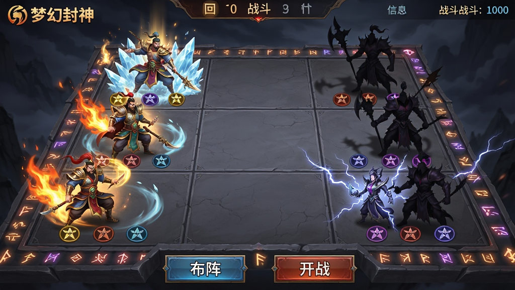 主体:展现《梦幻封神》的战斗布阵画面,棋盘式九宫格上站立着五个不同属性的神将,敌方阵容在对面若隐若现。布局:画面中央是九宫格战场,左侧为玩家阵容,右侧为敌方阵容,上方显示回合数与战斗信息。排版:界面简洁清晰,每个神将脚下有五行属性图标,底部有“布阵”与“开战”按钮。风格:动态战斗特效,火焰、冰霜、雷电等元素交织,画面充满张力。细节:神将释放技能时的光影效果,敌方阵容的阴影轮廓,战场边缘的符文装饰。画质:高清渲染,动作流畅,画面干净,无多余元素。